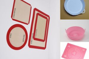 Reusable silicone baking mat with fresh baked cookies on a tray