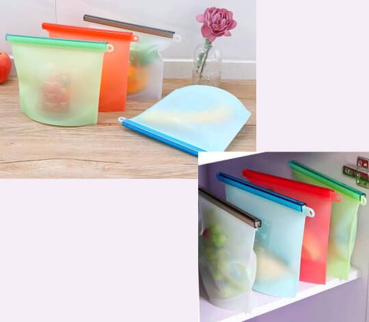 Silicone food storage bags and containers