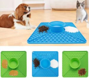 Multiple silicone pet bowls in bright colors with printed pet brand logos